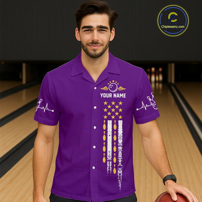 Yellow and Purple Retro American Flag Bowling Hawaiian Shirt Custom Patriotic Bowling Team Jerseys NQS11213