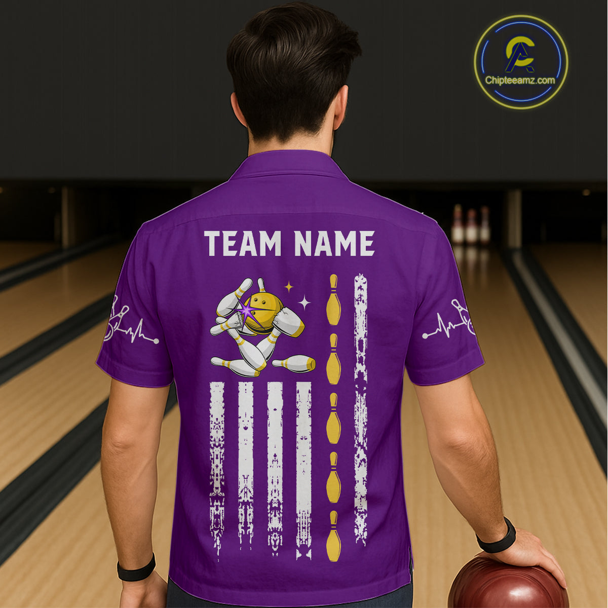 Yellow and Purple Retro American Flag Bowling Hawaiian Shirt Custom Patriotic Bowling Team Jerseys NQS11213