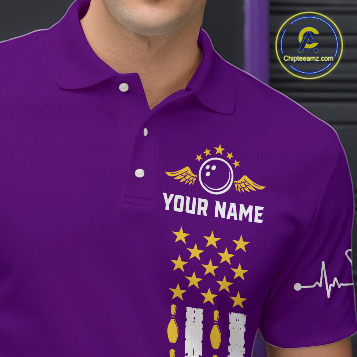 Yellow and Purple Retro American Flag Bowling Shirts For Men Custom Patriotic Bowling Team Jerseys NQS11213