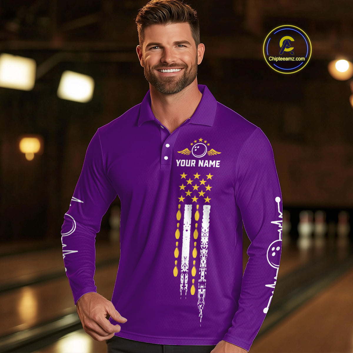Yellow and Purple Retro American Flag Bowling Shirts For Men Custom Patriotic Bowling Team Jerseys NQS11213