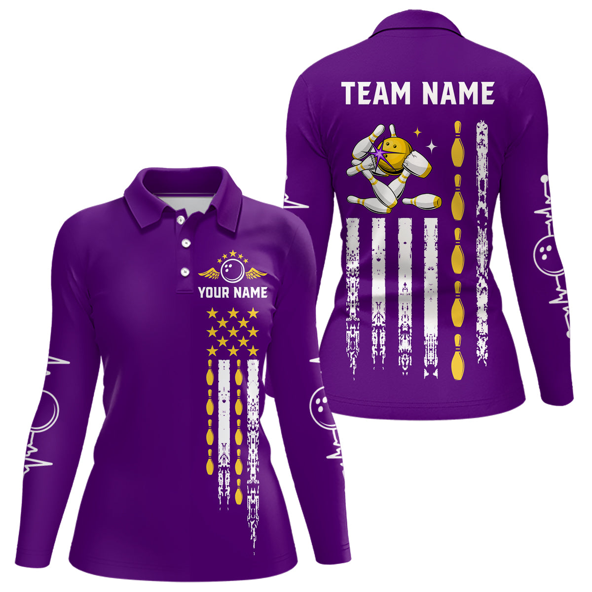 Load image into Gallery viewer, Yellow and Purple Retro American Flag Bowling Shirts For Women Custom Patriotic Bowling Team Jerseys NQS11213