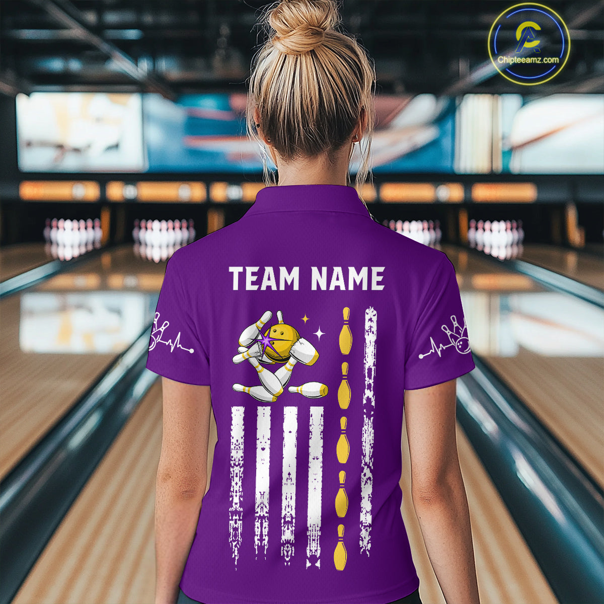 Load image into Gallery viewer, Yellow and Purple Retro American Flag Bowling Shirts For Women Custom Patriotic Bowling Team Jerseys NQS11213