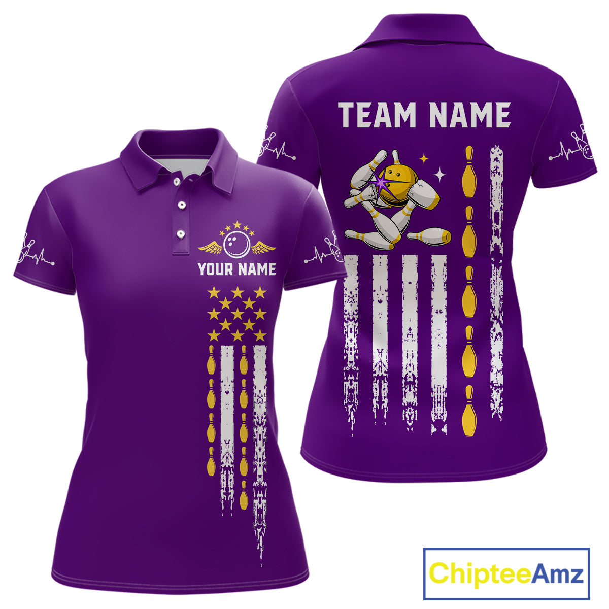 Load image into Gallery viewer, Yellow and Purple Retro American Flag Bowling Shirts For Women Custom Patriotic Bowling Team Jerseys NQS11213