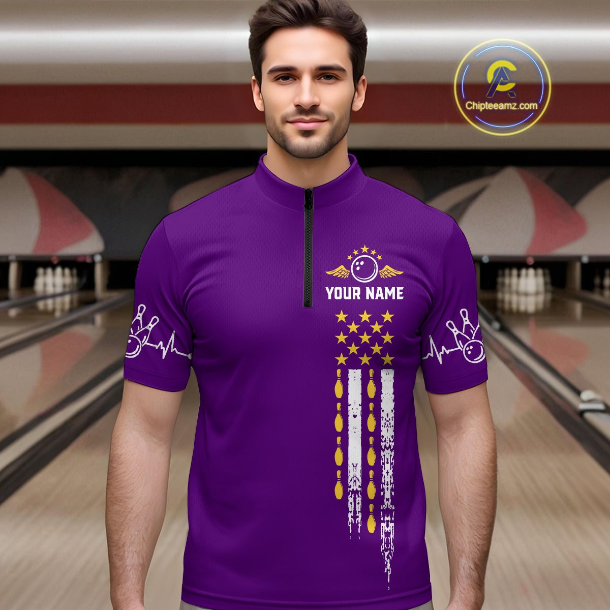 Yellow and Purple Retro American Flag Bowling Shirts For Men Custom Patriotic Bowling Team Jerseys NQS11213