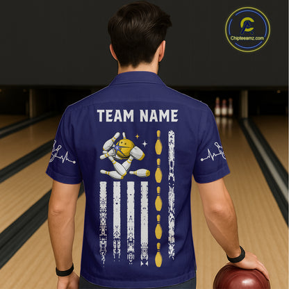 Yellow and Navy Blue Retro American Flag Bowling Hawaiian Shirt Custom Patriotic Bowling Team Jersey NQS11214