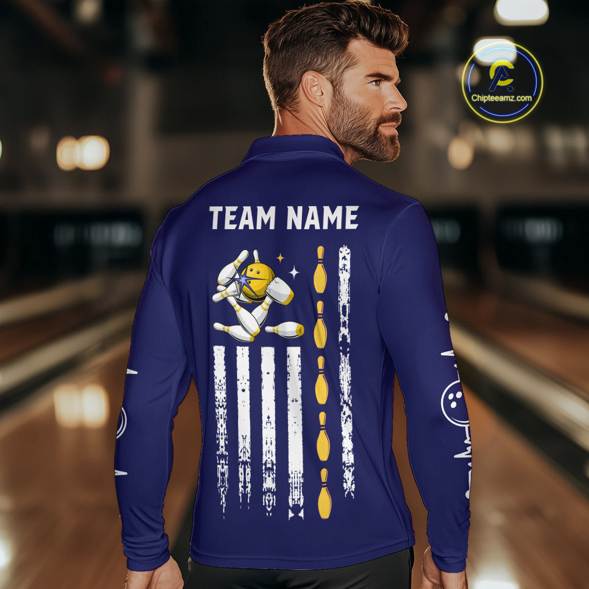 Yellow and Navy Blue Retro American Flag Bowling Shirts For Men Custom Patriotic Bowling Team Jerseys NQS11214