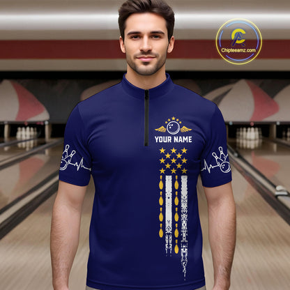 Yellow and Navy Blue Retro American Flag Bowling Shirts For Men Custom Patriotic Bowling Team Jerseys NQS11214