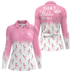 Funny Womens golf polo shirt custom light pink and white flamingo golf shirts talk birdie to me NQS8011