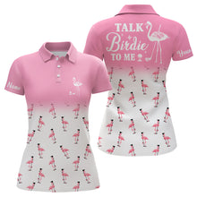 Load image into Gallery viewer, Funny Womens golf polo shirt custom light pink and white flamingo golf shirts talk birdie to me NQS8011