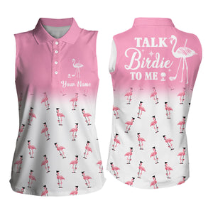 Funny Womens sleeveless golf shirt custom light pink and white flamingo golf shirts talk birdie to me NQS8011