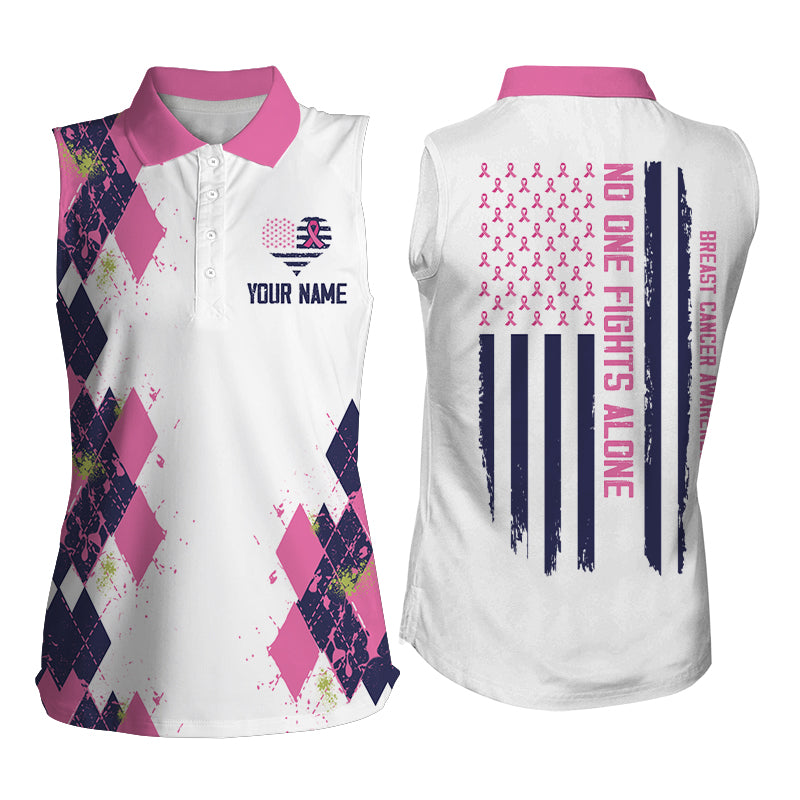 Pink argyle white Womens sleeveless polo shirt custom no one fights alone breast cancer awareness NQS6103