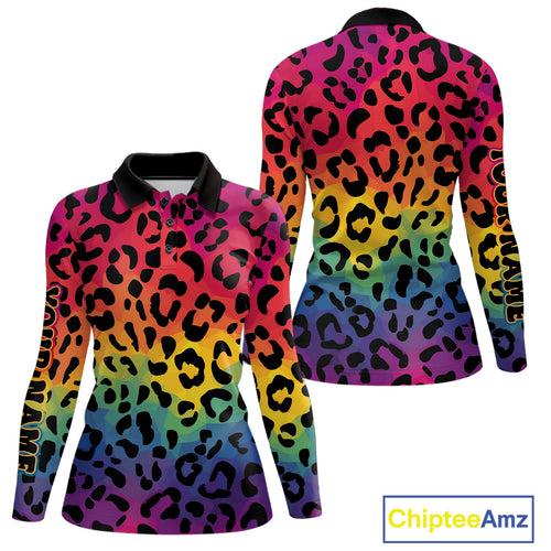 Custom Colorful rainbow pattern Women golf polo shirt, Personalized animal print golf shirt outfit NQS10405