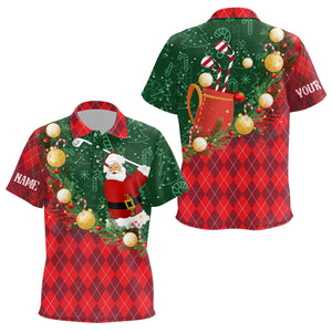 Christmas Santa Playing Golf Green and Red argyle pattern Kid golf polo shirts Custom golf outfits NQS8738