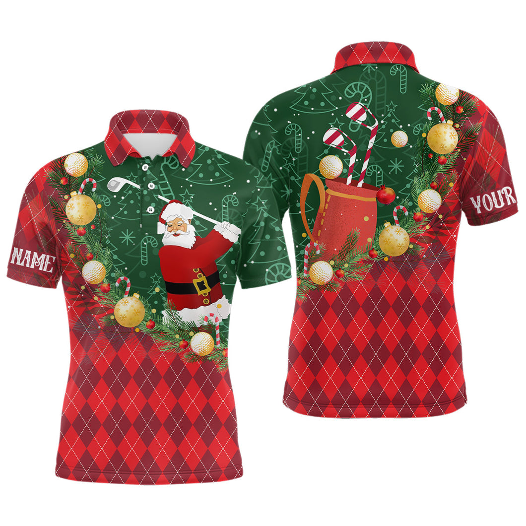 Christmas Santa Playing Golf Green and Red argyle pattern Men Golf Polo Shirt Custom Mens golf outfits NQS8738