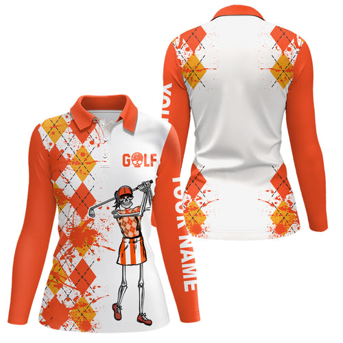 Women golf polo shirts argyle pattern custom skull golf outfit ladies, golf attire for womens | Orange NQS6561