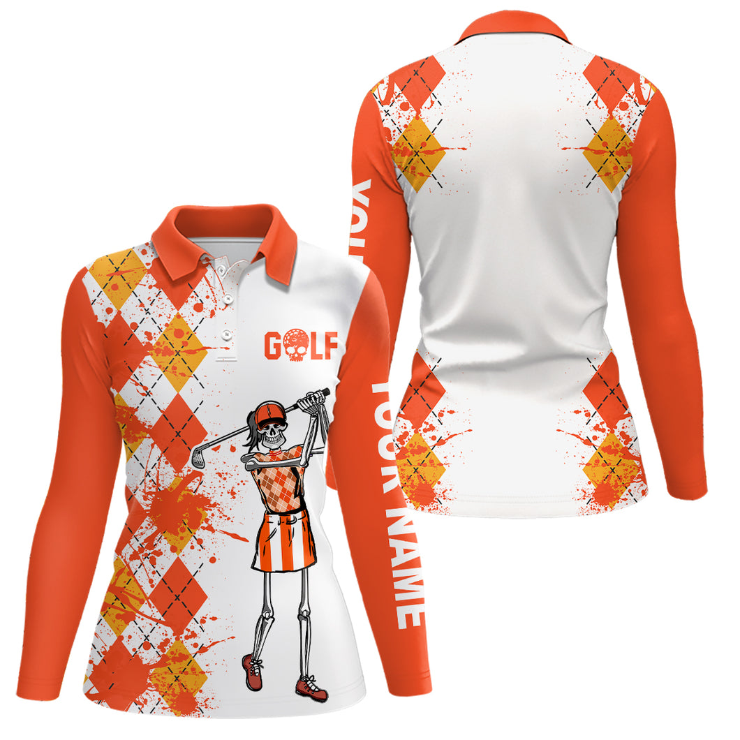 Women golf polo shirts argyle pattern custom skull golf outfit ladies, golf attire for womens | Orange NQS6561