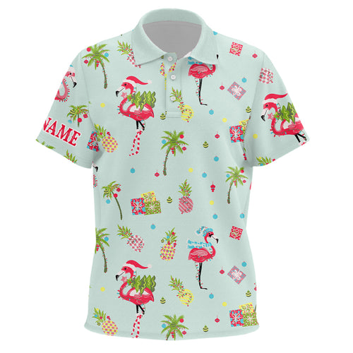 Pink Flamingo Christmas Green Pattern Kid golf polo shirts custom Xmas gifts for team golfer NQS8901