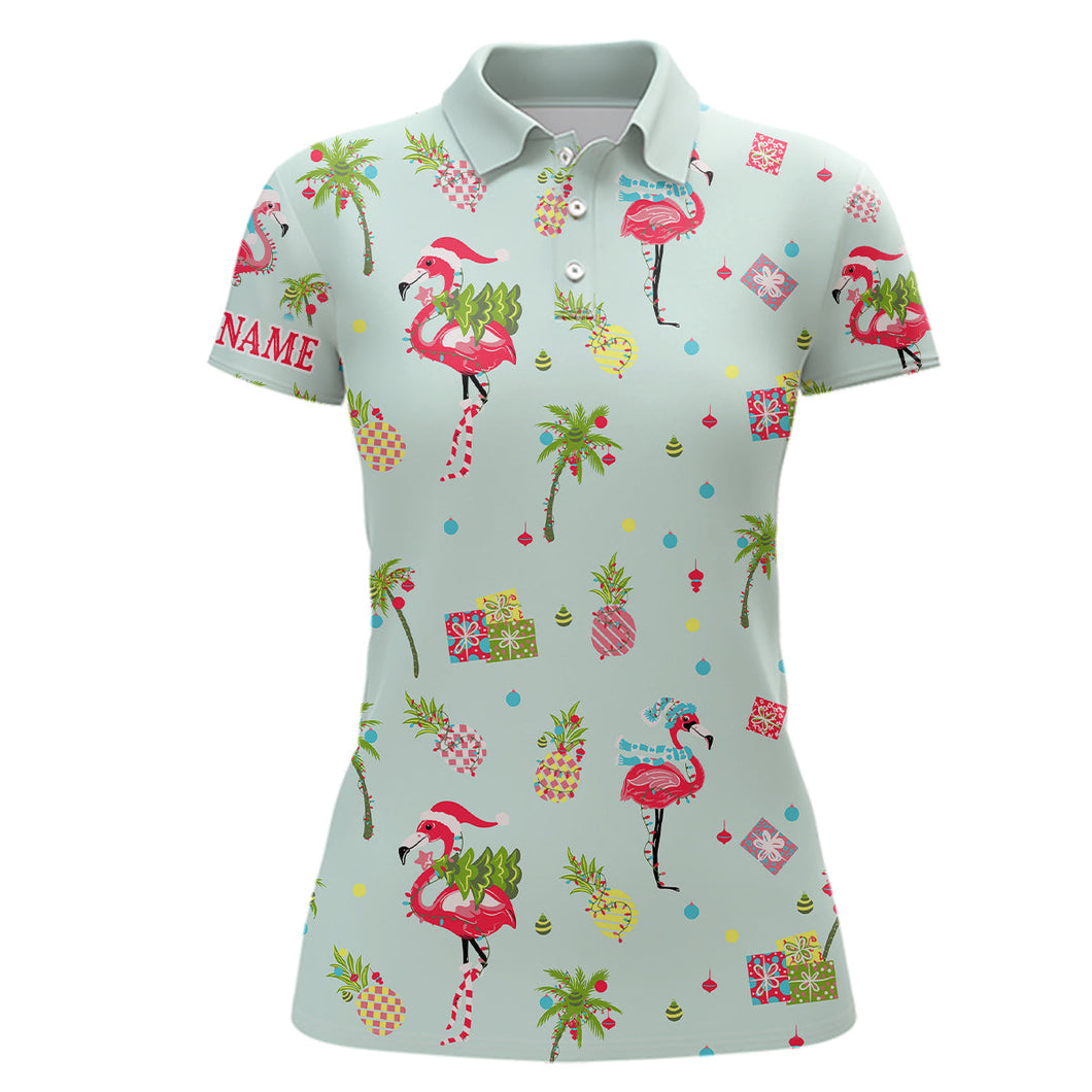 Pink Flamingo Christmas Green Pattern Women golf polo shirt custom Christmas gifts for team golfer NQS8901