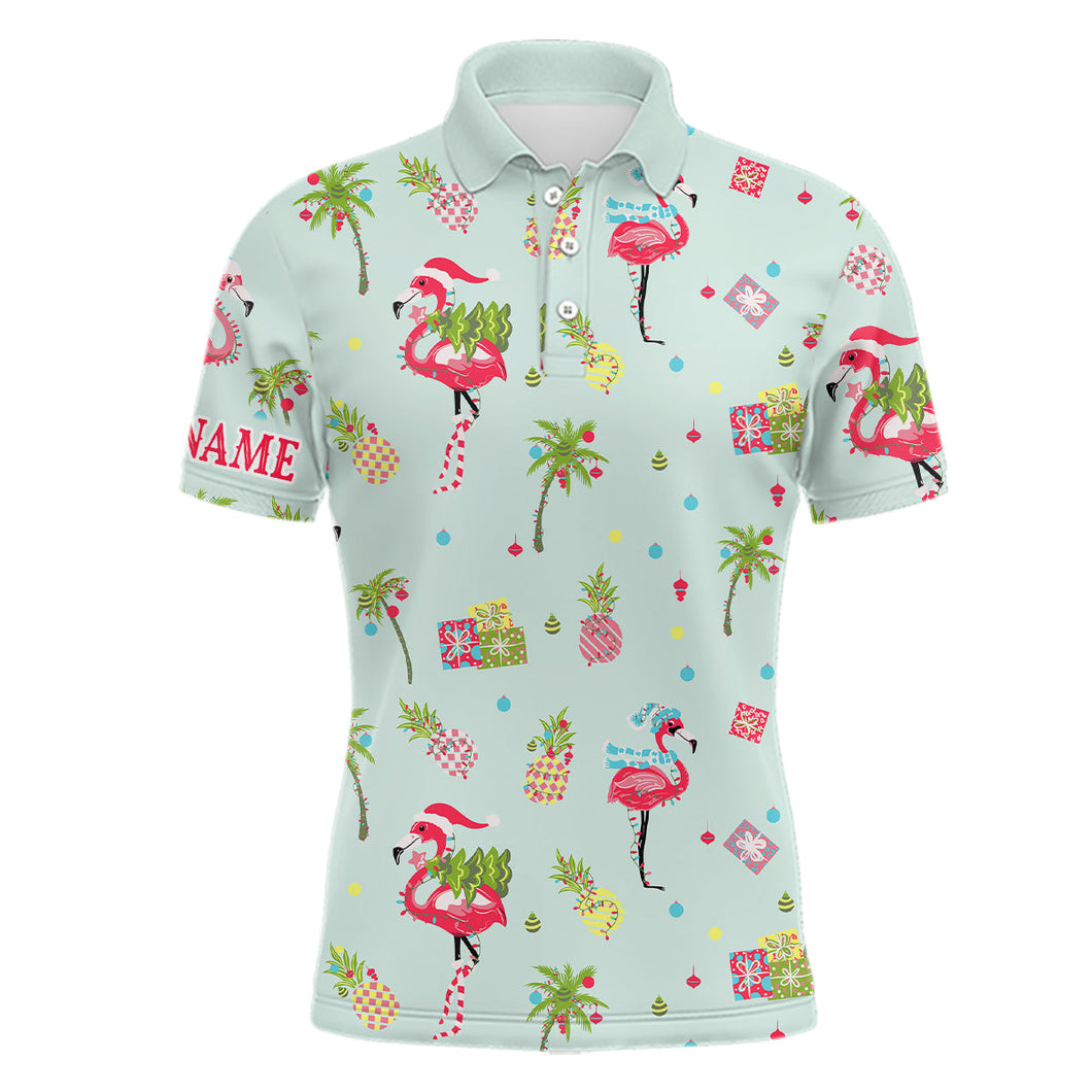 Pink Flamingo Christmas Green Pattern Men golf polo shirt custom Christmas gifts for team golfer NQS8901