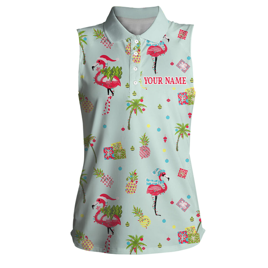 Pink Flamingo Christmas Green Pattern Women sleeveless polo shirt custom Xmas gifts for team golfer NQS8901