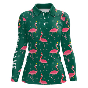 Pink Flamingo Christmas Snowflake Green Pattern Women golf polo shirt custom gifts for team golfer NQS8902