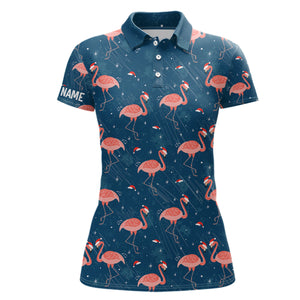 Pink Flamingo Christmas Blue Pattern Women golf polo shirt custom Christmas gifts for team golfer NQS8904