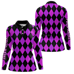 Womens golf polo shirts custom purple and black argyle plaid pattern golf attire for ladies NQS7810