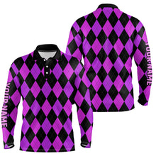 Load image into Gallery viewer, Mens golf polo shirts custom purple and black argyle plaid pattern golf attire for men NQS7810