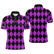 Load image into Gallery viewer, Mens golf polo shirts custom purple and black argyle plaid pattern golf attire for men NQS7810