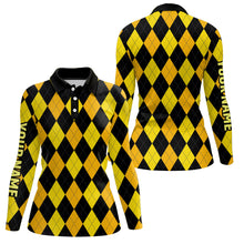 Load image into Gallery viewer, Womens golf polo shirts custom yellow and black argyle plaid pattern golf attire for ladies NQS7811