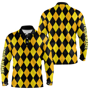 Mens golf polo shirts custom yellow and black argyle plaid pattern golf attire for men NQS7811