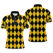 Load image into Gallery viewer, Mens golf polo shirts custom yellow and black argyle plaid pattern golf attire for men NQS7811