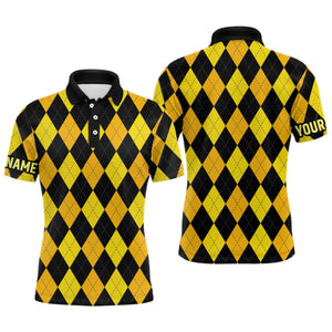 Mens golf polo shirts custom yellow and black argyle plaid pattern golf attire for men NQS7811