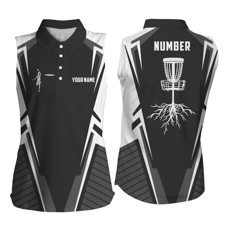 Black and white Disc golf basket Womens sleeveless polo shirt custom name and number disco golf outfit NQS6129