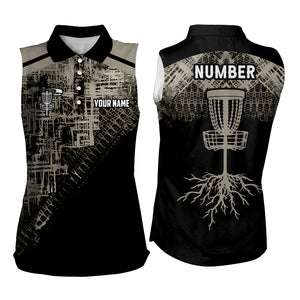 Beige Black Disc golf basket camo custom name & number Womens sleeveless polo shirt, disco golf outfit NQS6130