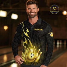 Load image into Gallery viewer, Black and Gold Flame Bowling Shirts For Men Custom Bowling Team League Jersey, Gift For Bowler NQS10439