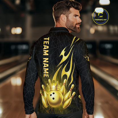 Black and Gold Flame Bowling Shirts For Men Custom Bowling Team League Jersey, Gift For Bowler NQS10439