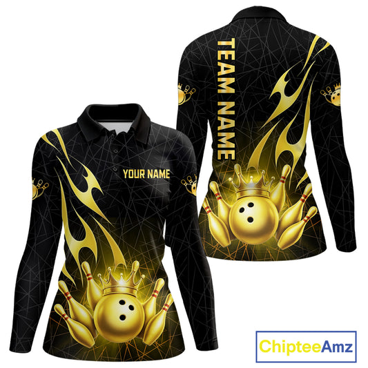 Black and Gold Flame Bowling Shirts For Women Custom Bowling Team League Jersey, Gift For Bowler NQS10439