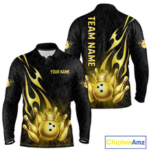 Load image into Gallery viewer, Black and Gold Flame Bowling Shirts For Men Custom Bowling Team League Jersey, Gift For Bowler NQS10439