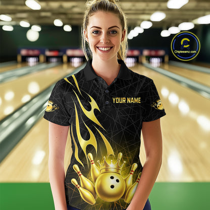 Black and Gold Flame Bowling Shirts For Women Custom Bowling Team League Jersey, Gift For Bowler NQS10439