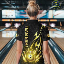 Load image into Gallery viewer, Black and Gold Flame Bowling Shirts For Women Custom Bowling Team League Jersey, Gift For Bowler NQS10439