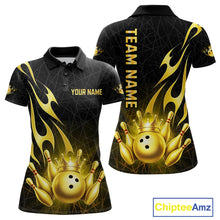 Load image into Gallery viewer, Black and Gold Flame Bowling Shirts For Women Custom Bowling Team League Jersey, Gift For Bowler NQS10439