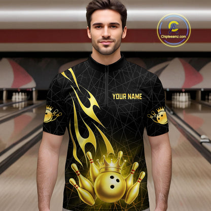 Black and Gold Flame Bowling Shirts For Men Custom Bowling Team League Jersey, Gift For Bowler NQS10439