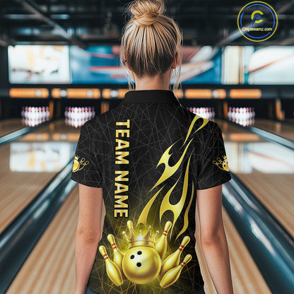 Black and Gold Flame Bowling Shirts For Women Custom Bowling Team League Jersey, Gift For Bowler NQS10439