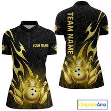 Load image into Gallery viewer, Black and Gold Flame Bowling Shirts For Women Custom Bowling Team League Jersey, Gift For Bowler NQS10439