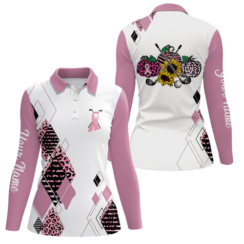 Pink argyle leopard pattern Womens golf polo shirts custom pink ribbon golf shirt for ladies NQS6134