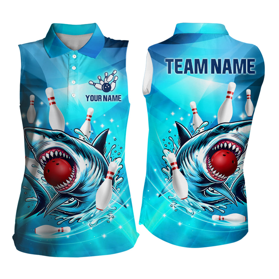 Blue Shark Bowling Sleeveless Polo Shirt Custom Shark Bowling Team Jerseys, gift for bowlers NQS8929