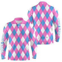 Load image into Gallery viewer, Mens golf polo shirt custom pink, blue and white argyle plaid pattern golf attire for men NQS8043