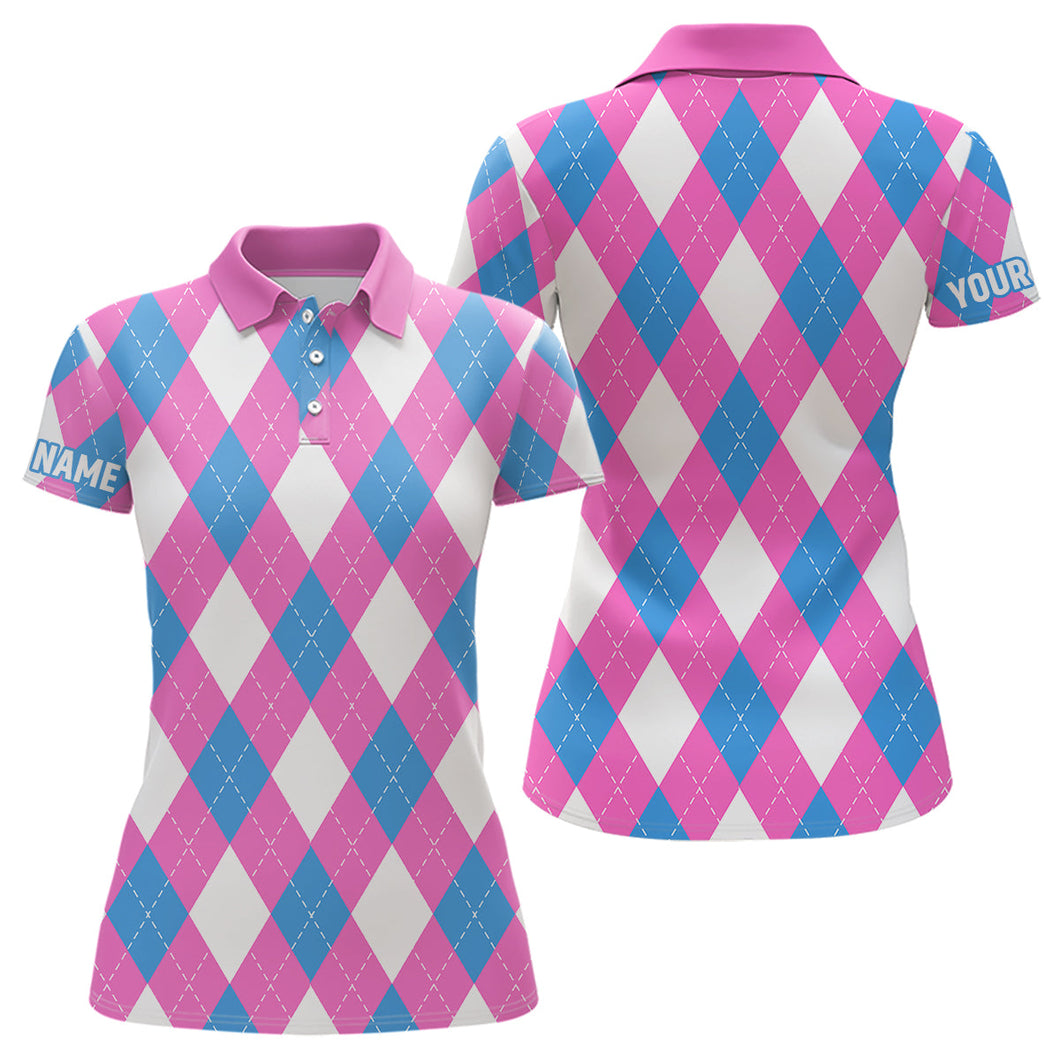 Womens golf polo shirt custom pink, blue and white argyle plaid pattern golf attire for women NQS8043