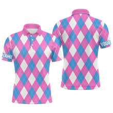 Load image into Gallery viewer, Mens golf polo shirt custom pink, blue and white argyle plaid pattern golf attire for men NQS8043